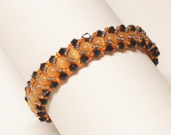 Handmade Beadwoven Beaded Bracelet in Orange, Silver and Black