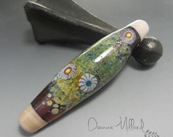 Artisan LAMPWORK Focal Bead handmade beads lampwork beads artisan beads Donna Millard black space garden flowers murrine murrini