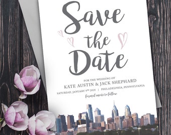 Save the Date with Philadelphia Skyline and hearts - Philly Save the Date Invitation - Formal Philadelphia Save the Date Invitation Card