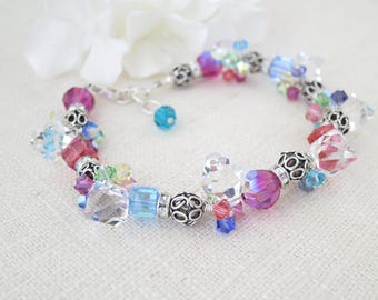 Multi color crystal bracelet, Cluster bracelet, Unique jewelry, Swarovski faceted crystal bracelet, Beach wedding, Gift for her