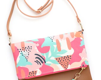 Boho Tassel Clutch in Modern Tropical Print and Tan Vegan Leather and Gold zipper close