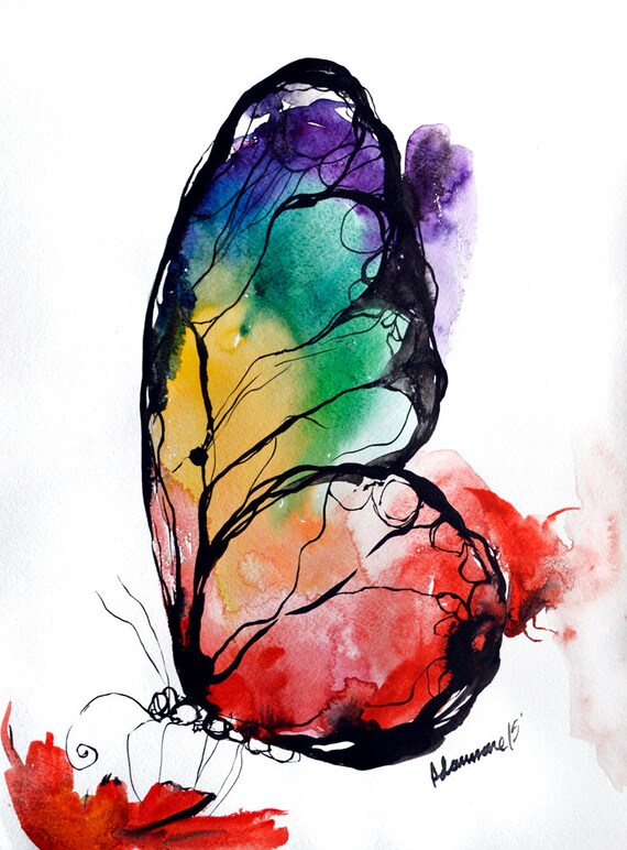 Rainbow Butterfly original watercolor painting. Colorful