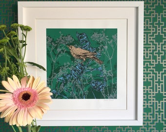 Victorian Bird screen print in Jade green