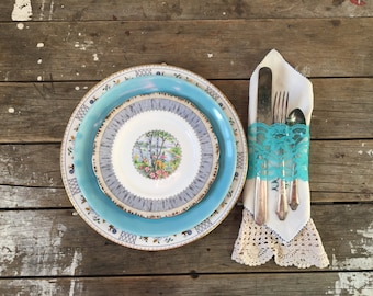 Mismatched Plate set, Turquoise and white, Dinner Plates, Salad and Dessert Plates, mismatched set of 3