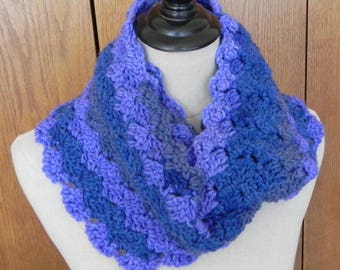 Crochet infinity scarf in stripes of lavender, slate blue, and gray is ready to ship, crochet cowl # 562