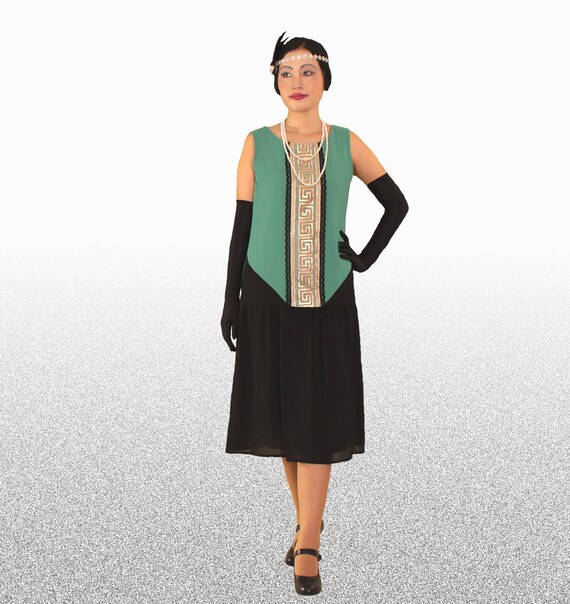 Black and sea green art deco dress Great Gatsby dress 1920s