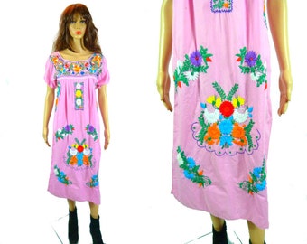 Vintage Pink Embroidered Dress Kaftan Caftan Tent Maxi Festival Ethnic Vintage Mexican Latina Embroidery Pink Short Sleeve Cotton Oaxacan