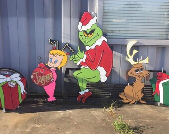 Grinch, Cindy Lou Who, Max & set with 2 presents Personalized Christmas / Holiday Wooden Yard Art 5 pc set