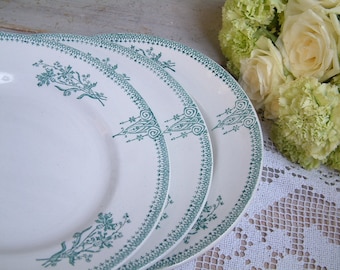 Set of 4 Antique french green transferware plates. Art Nouveau. Antique french transferware. Emerald Green transferware.