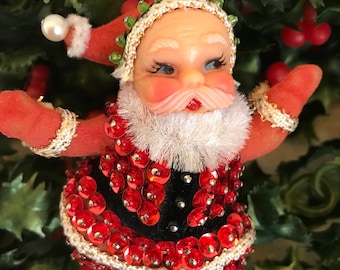 Vintage Beaded Sequined Santa Ornament, Red green Bauble, Ornate Handmade Ornament, Ornament exchange, Gift Ornament, Gift