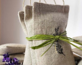 Handmade Natural Linen Lavender Sachet with Handle Stamped with Graphic - Set of 3 Sachets