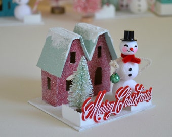 Vintage-Stil Putz Haus / gesponnen Baumwolle Ornament / Weihnachtsschmuck / Retro-Stil / Winter-Dorf