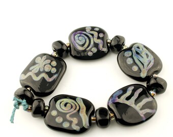 Lampwork Glass Bead Set Black with Blue, Green, Purple Tribal Style Decoration