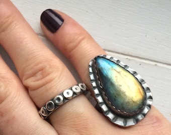 Labradorite Statement Ring - Inspirational Stamped Rustic Sterling Silver Artisan Metalwork - Boho Jewelry Gifts for Her