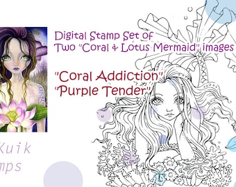 Digital Stamp Coral & Lotus Mermaid Set of 2 Images - Instant Download / Ocean Fantasy Fairy Girl by Ching-Chou Kuik