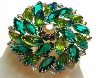 Green Rhinestone Brooch, AB Aurora Borealis Circle Pin, Vintage Costume Jewelry, Mother's Day Gift, Women's Jewelry