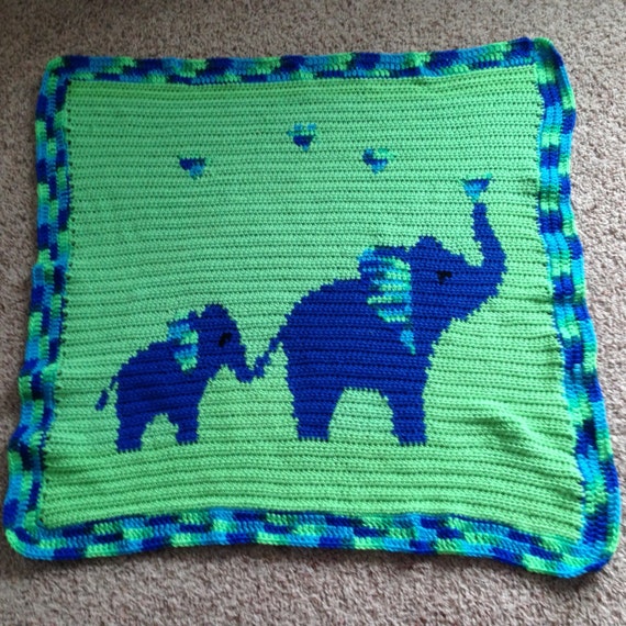 PATTERN: Mommy and Me Elephants Baby Blanket Blue & Green