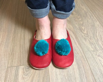 Handmade Red leather Pom Pom Slippers