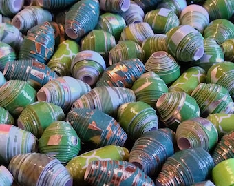 Hand Rolled Chunky Paper Beads. Green Shades mixed lot. Barrel/Bicone Style's 12 pcs. + 2 bonus beads e-002