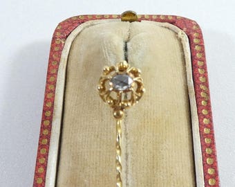 Antique 18ct Gold Stick Tie Gravat Lapel Pin Diamond Large Solitaire French