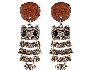 Vintage Cute Owl Wood Bead Women Earrings Long Earrings Silver Rare Jewelry