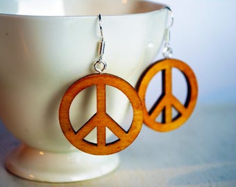 Peace - Wooden pendant earrings, symbol of peace