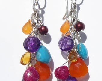 Multi Gemstone Earrings, Gemstone Dangle Earrings, Carnelian Gemstone Earrings, Amethyst Gemstone Earrings, Wire-wrapped Earrings