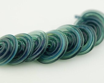 Blue-Green Handmade Boro Disc Lampwork Bead Set by Lara
