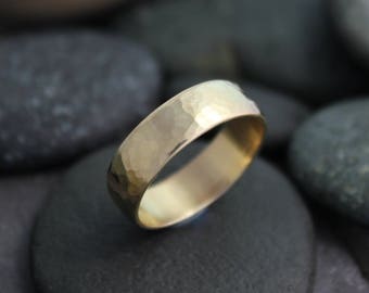 Hammered 14k Yellow Gold Band, 6mm Hammered Band, Textured Wedding Band, Handmade Solid Gold Band, Ready to Ship Gold Ring
