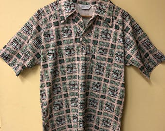 Lilly Dache', Men's Button V-Neck Shirt 1960's-70's VIntage