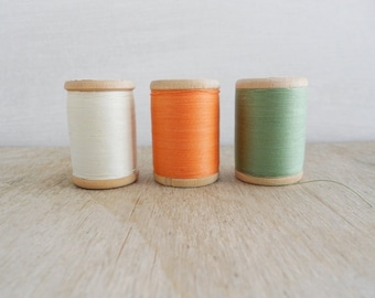 Vintage Wooden Thread Spools / Set of 3 / Off White - Orange - Green / Soviet Union Sewing Cotton Threads