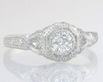 Antique Art Deco 18K White Gold .30ct Genuine Diamond Filigree Engagement Ring