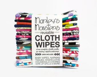 24 Reusable CLOTH WIPES in bold and graphic flannel prints. You choose prints