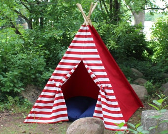 Teepee Ready to Ship KIds Play Tent Red and White, Can Include Window, Kids Tee Pee