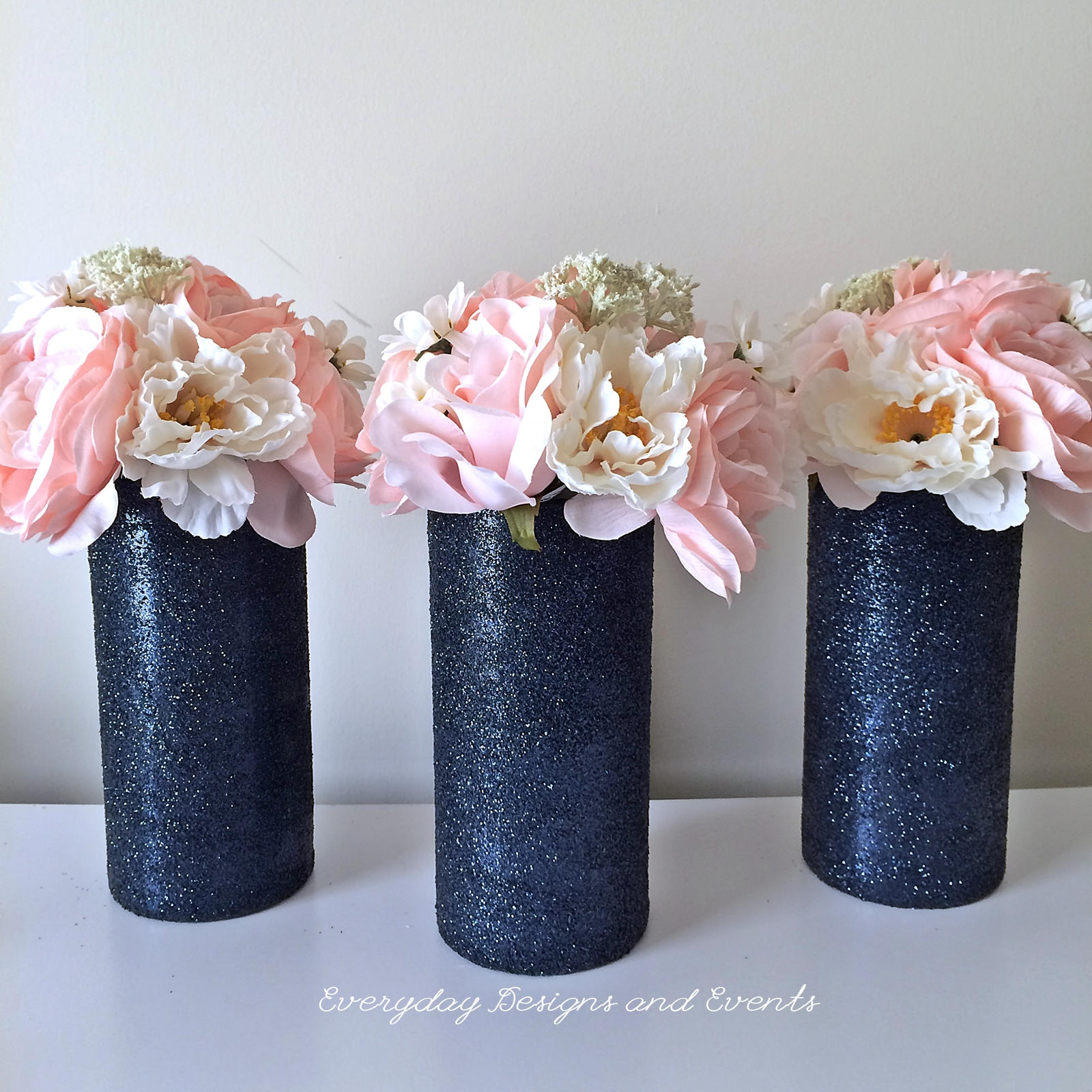 3 Navy Vases Glass Vases Glitter Vases Wedding