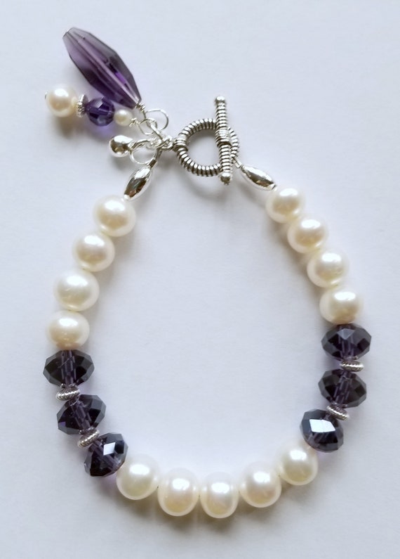 White Pearl Bracelet, Pearl Bracelet, Purple Crystal Bracelet, Purple Bracelet, White Bracelet