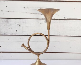 Vintage brass trumpet candlestick holder