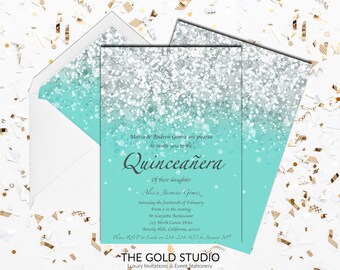 Teal Quinceañera invitation | Turquoise Mis Quince Anos Glitter 15th Birthday Party Invite | Glam Birthday Quince invitation | FREE SHIPPING