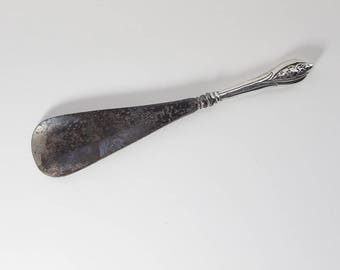 Victorian Antique Sterling Silver and Steel Shoe Horn with Ornate Pattern Handle Edwardian 1903