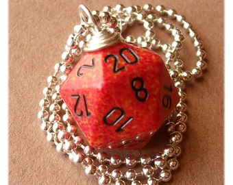 D20 Die Pendant - Fire - Orange Red Black Geek Gamer DnD Role Playing RPG - Paw & Claw Designs