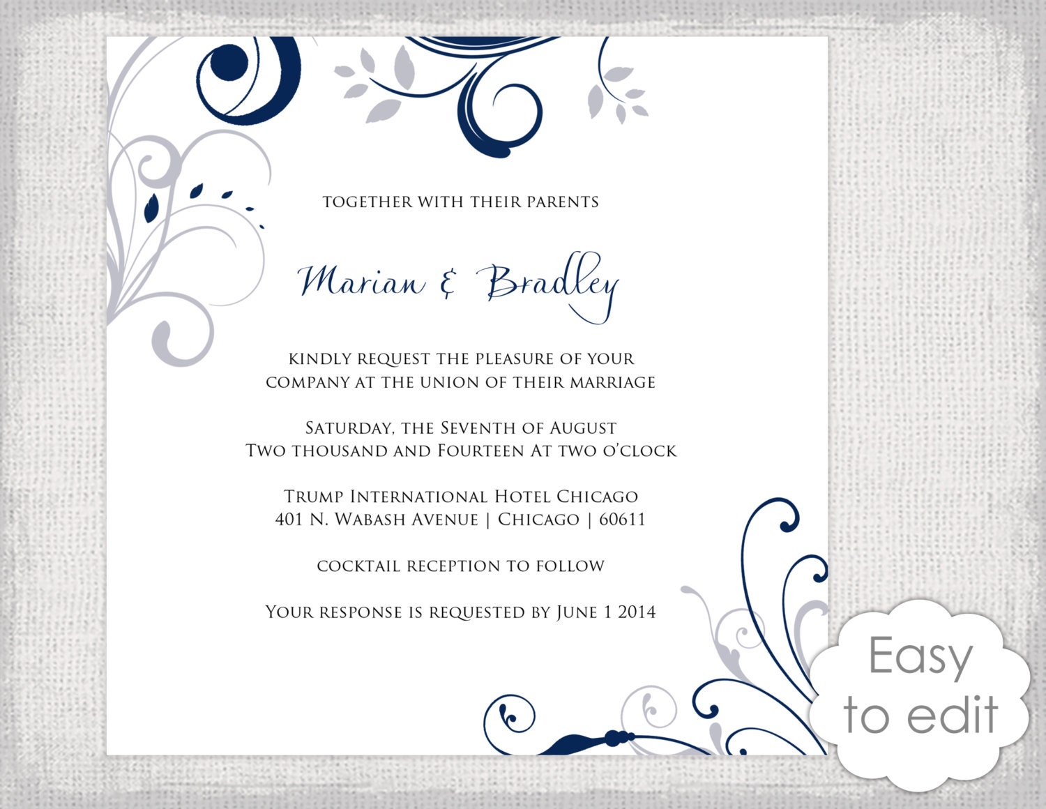 Square Wedding invitation template Silver gray and navy blue