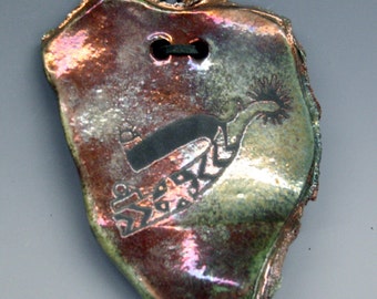 Raku Wall Hanging with Spur in Copper Green Metallic and Iridescent Colors