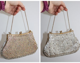Vintage original 1950s 50s satin floral brocade evening bag with diamante aurora borealis mesh decoration