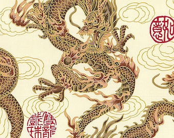 FIRE-BREATHING DRAGONS: Beige Asian Japanese Fabric (By the Yard)