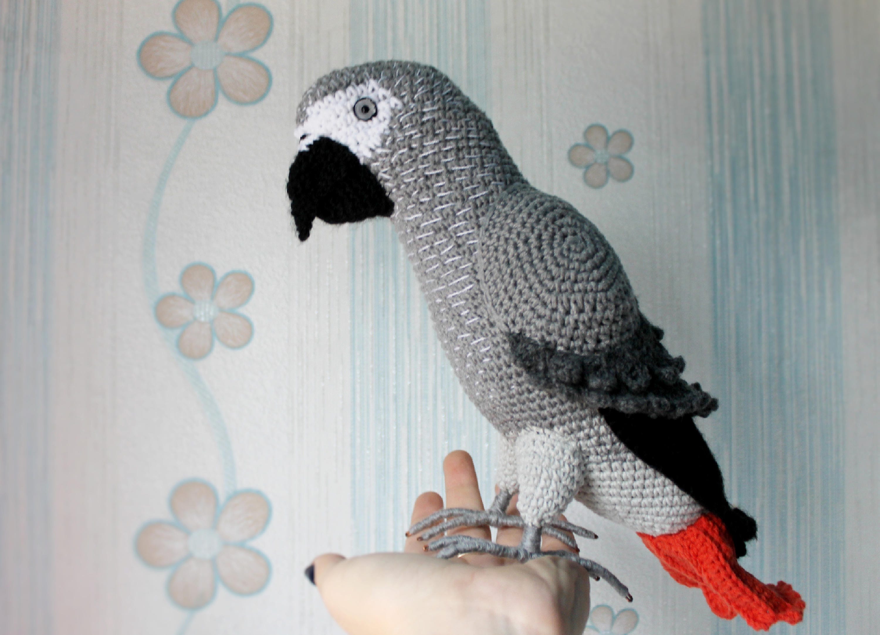 Crochet African grey Parrot Jaco Gift for birdlovers Real