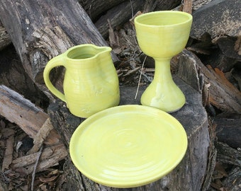 Chartreuse Dragonfly Communion Set Handmade Pottery by Daisy Friesen