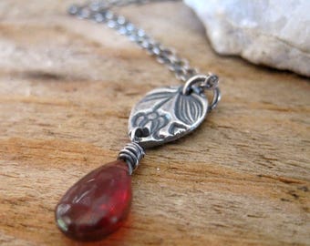 Red Garnet Necklace, January Birthstone Jewelry, Petal Necklace, Garnet Pendant, Garnet Drop Necklace