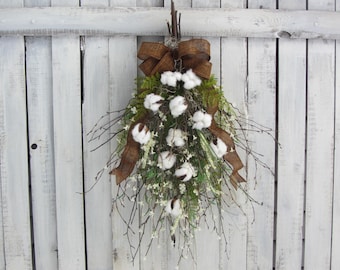 Spring Wreath - Cotton Ball Wreath - Farmhouse Wreath - Cotton Ball Decor - Cotton Wreath - Cotton Swag - Rustic Twig Swag - Cotton Boll