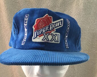 Vintage Denver Broncos Super Bowl XXI 21 Blue Corduroy Snapback Hat Cap