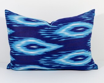 20x14, blue indigo cotton ikat lumbar pillow cover ikat pillows, ikats, blue pillow, blue ikats, blue ikat pillows, ikat design, uzbek ikat